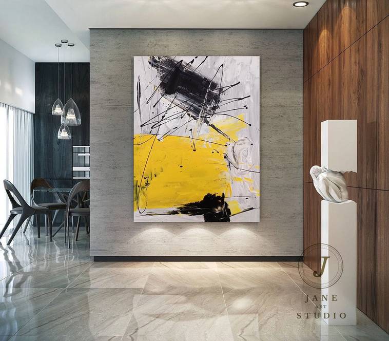 Gray Minimal Black Yellow Abstract Canvas Artwork W9TD1 wall art